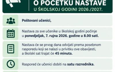 OBAVIJEST O POČETKU NASTAVE U ŠKOLSKOJ GODINI 2026./2027.